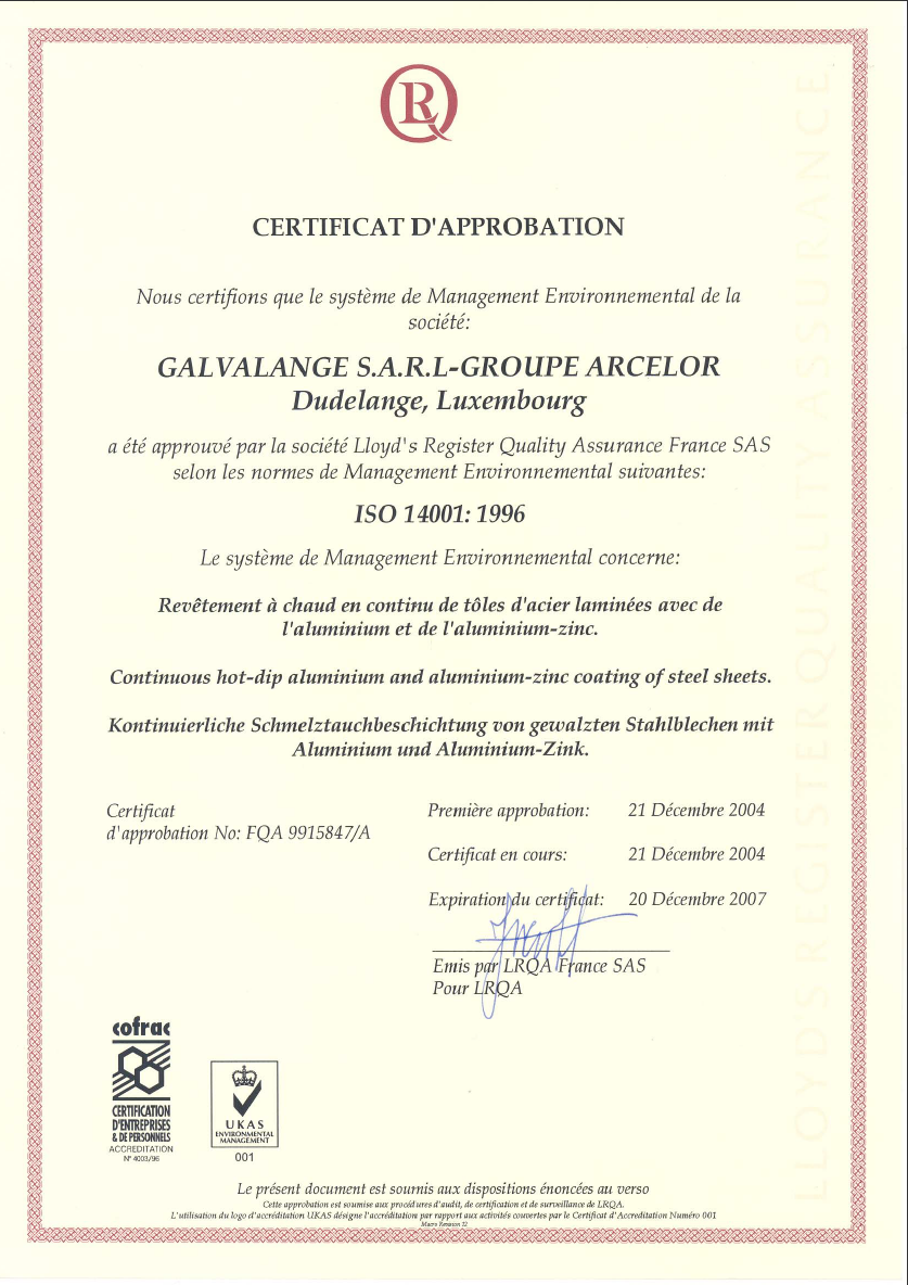 Certifikat Aluzink